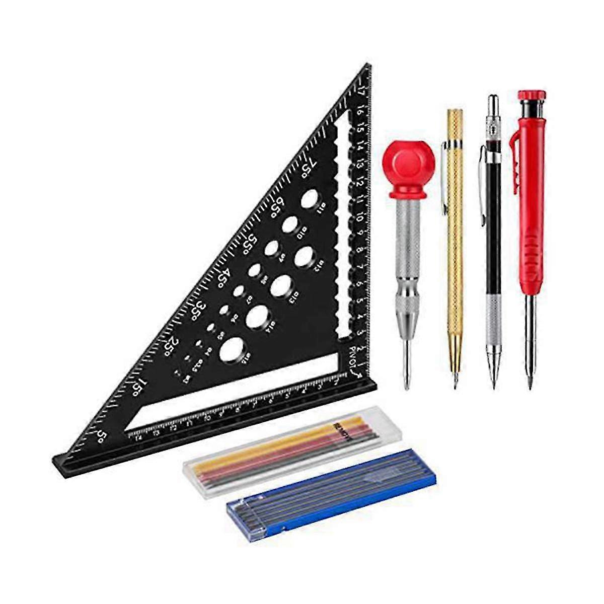Carpenter's Square, Multifunctional 180mm Carpenter Angle Ruler - Including Deep Hole Marker/pencil