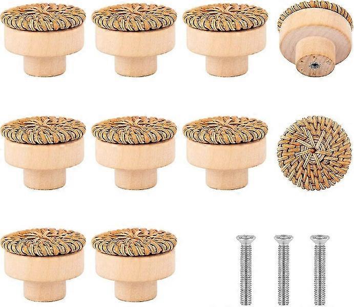 Set 10 Boho Dresser Knobs - Boho Drawer Rattan Wooden Knobs Round, Handmade Wick