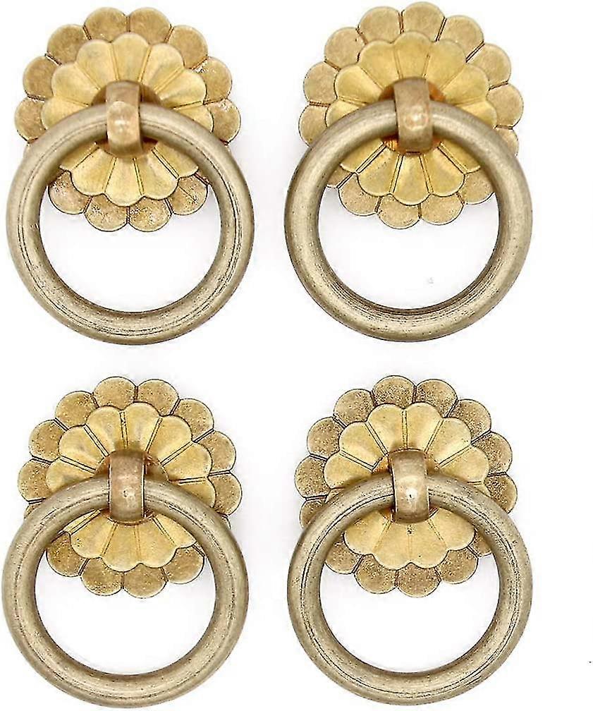 4 Pcs Vintage Antique Brass Ring Pulls - Pure Solid Brass Cabinet Hardware - Ring Size 1.4" (3.5 Cm)