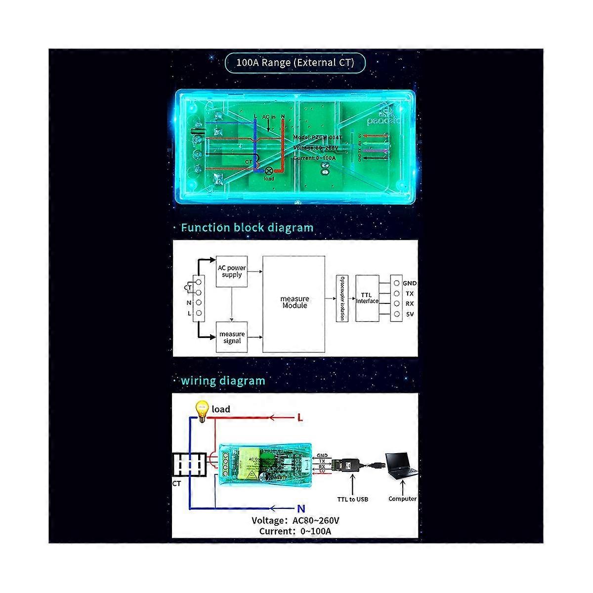 10A PZEM 004T 3.0 Wattmeter Kwh Meter Volt Amp Current Test Module Digital Multifunction Meter for