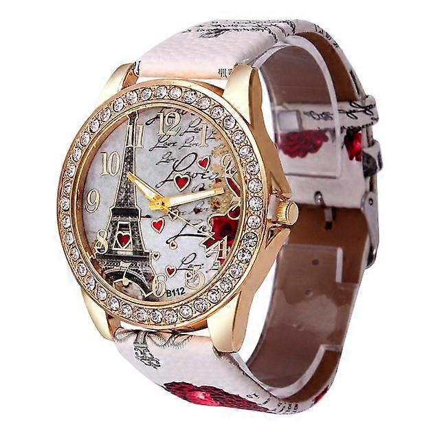 Eiffel Tower + Heart Pattern Leather Strap Quartz Watch for Women