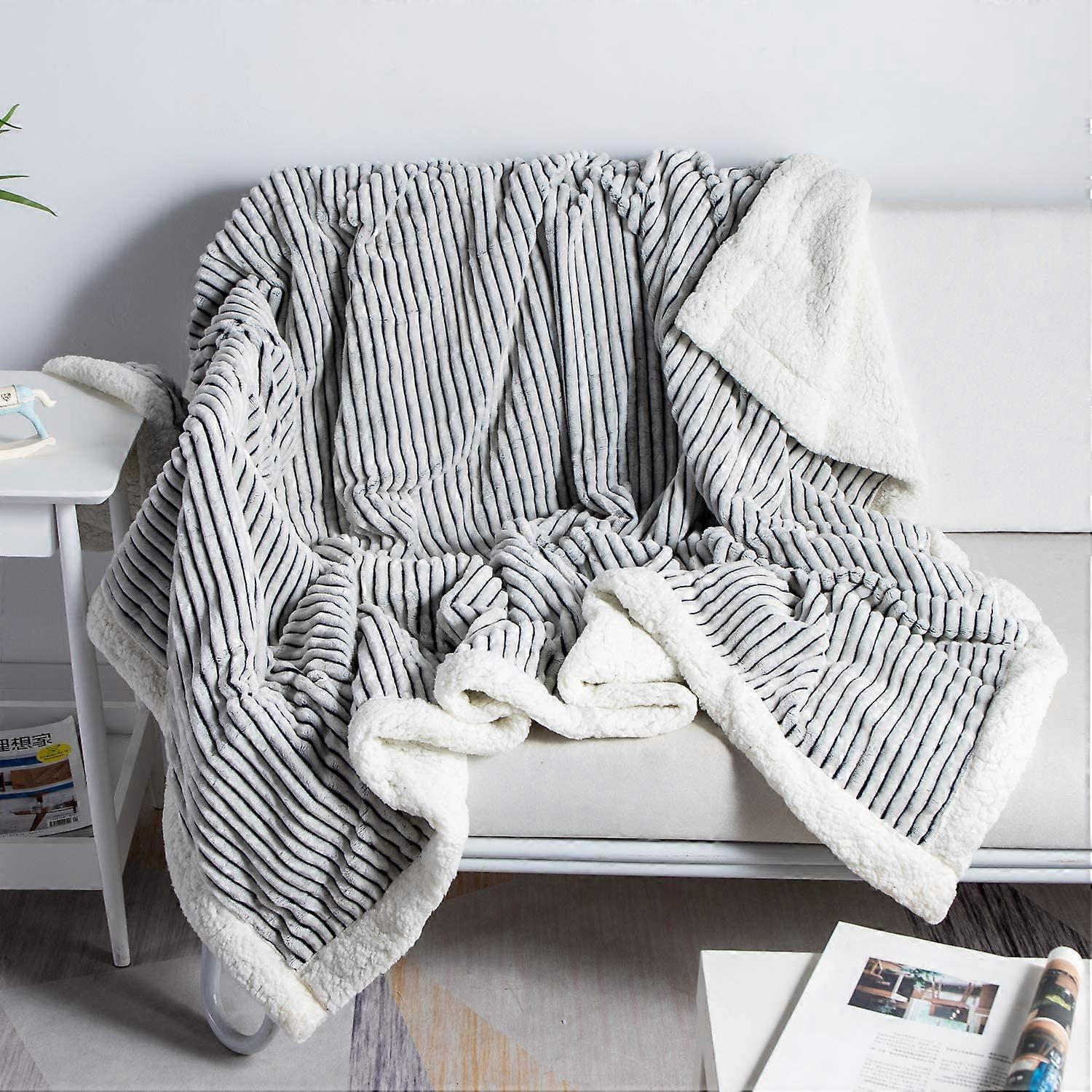 Sherpa Fleece Blanket Reversible Sherpa Flannel Blanket Soft Fuzzy Plush Fluffy Blanket Warm Cozy with Strip Perfect Throw for All Seasons for Couch B