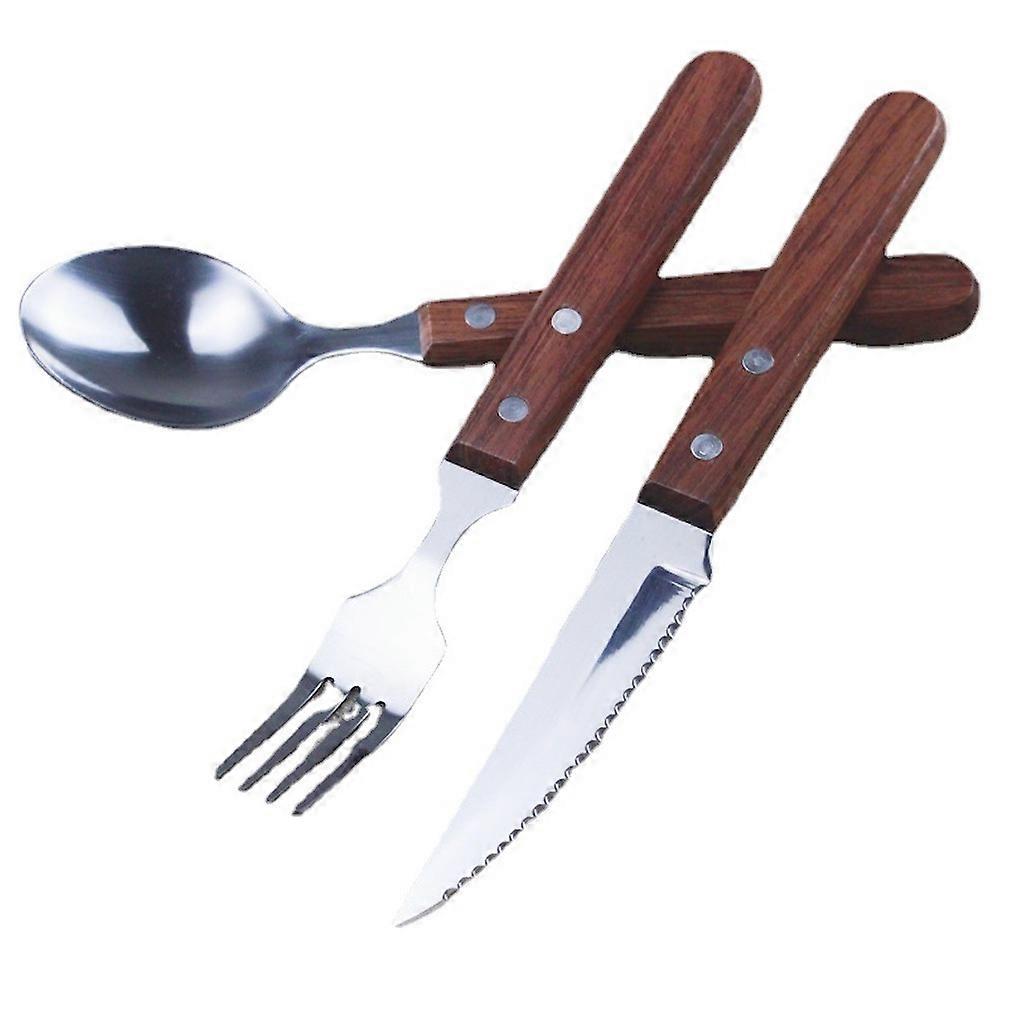 3pcs Cutlery Set Tableware Flatware Fork Knife Spoon Wooden Handle