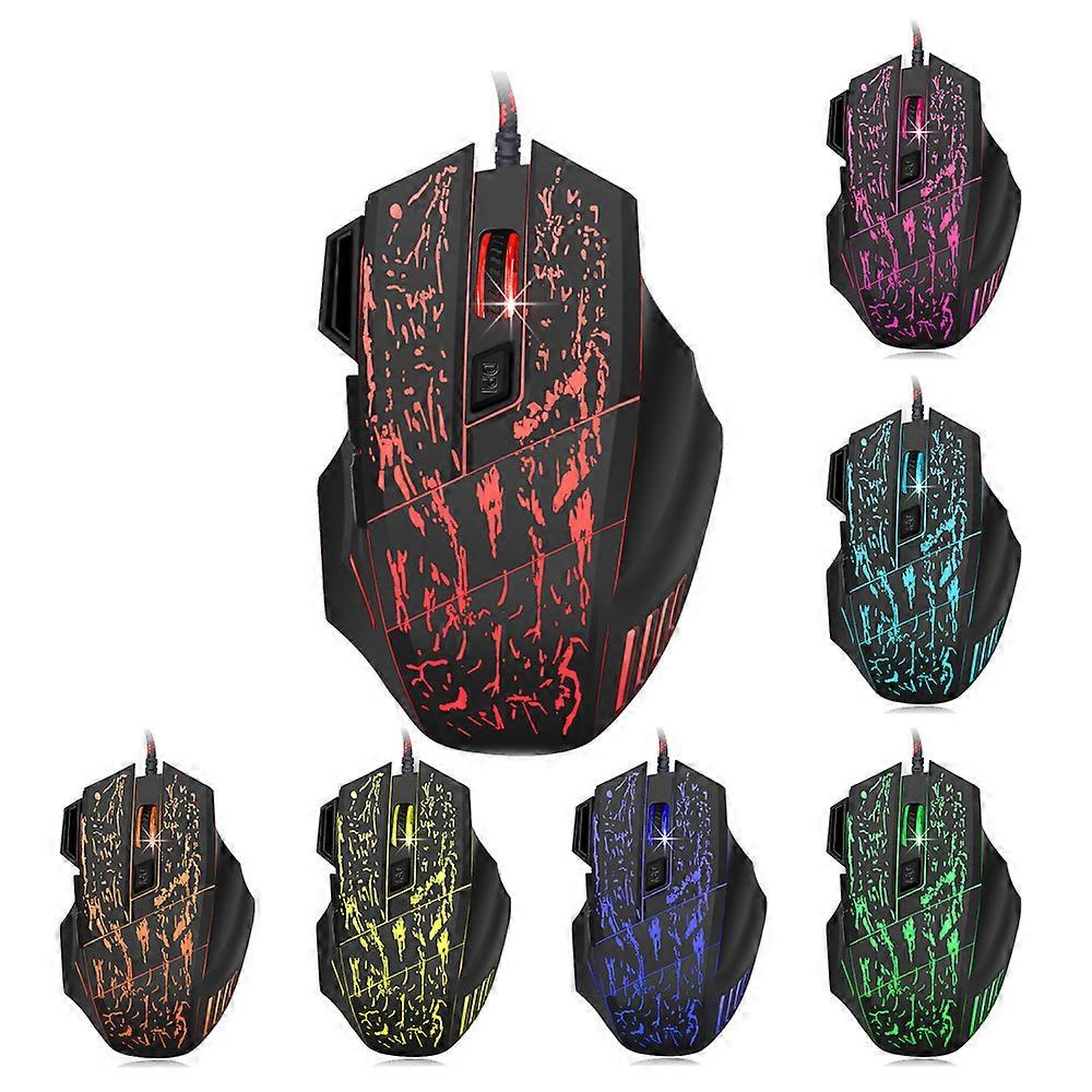 Gamingmuis met zeven knoppen en instelbare DPI met 5 snelheden, stromend water, gebarsten vorm, gloeiende bedrade muisergonomie