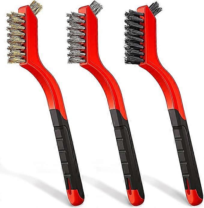 Wire Brush Set, Nylon-Brass-Stainless Steel Bristles with Curved Handle Grip for Rust, Dirt, Paint Stains with Deep Cleaning- 3Pcs 7 Inches