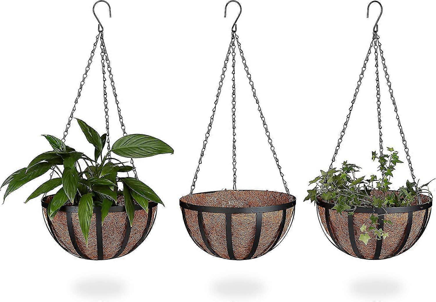 Hanging Flowerpot Basket Coconut Plants Set Of 3 30 Cm Diameter 21 L With Chain, Brown