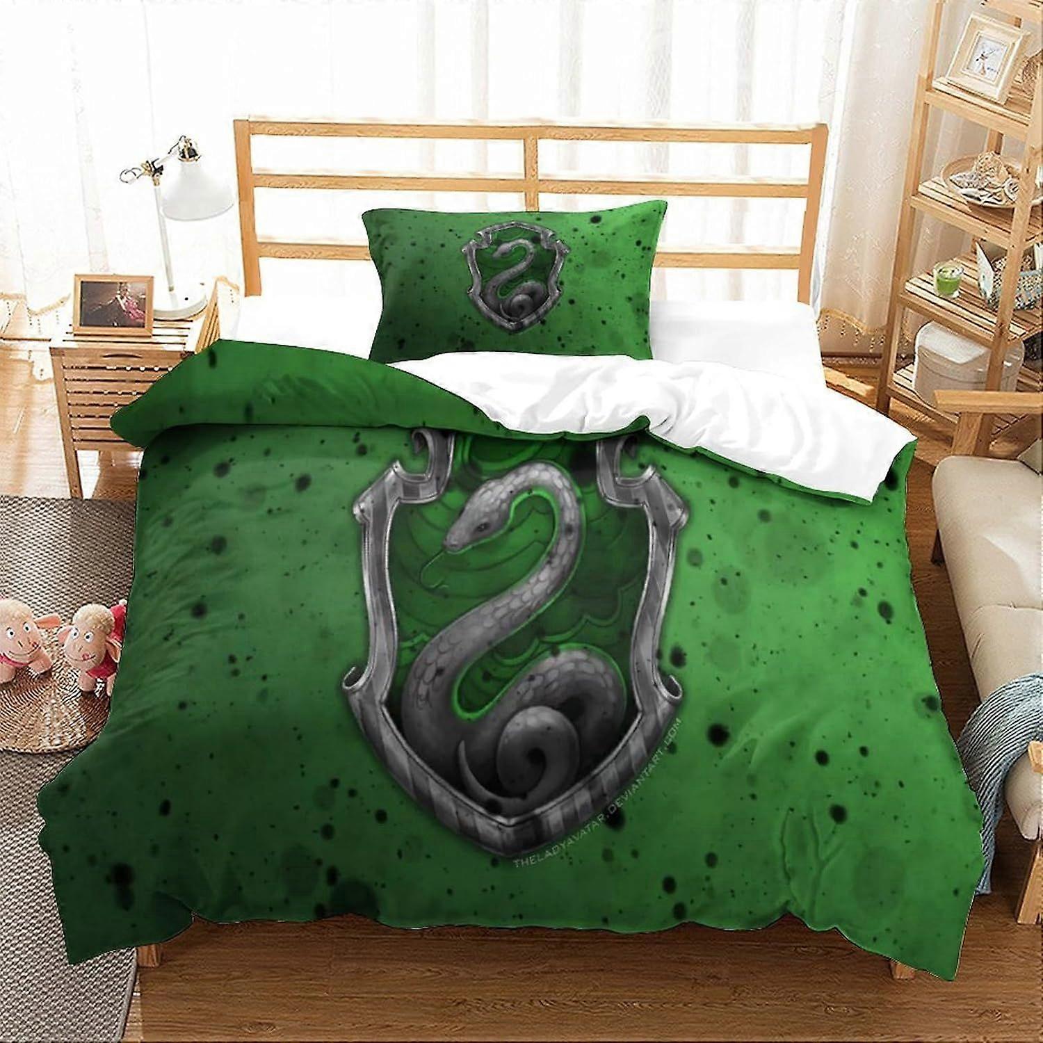 Zestaw pościeli Slytherin z poszewką na kołdrę i kołdrą z nadrukiem 3D Harry'ego Pottera, zestaw pościeli z mikrofibry z poszewkami na poduszki dla chłopców i dziewcząt