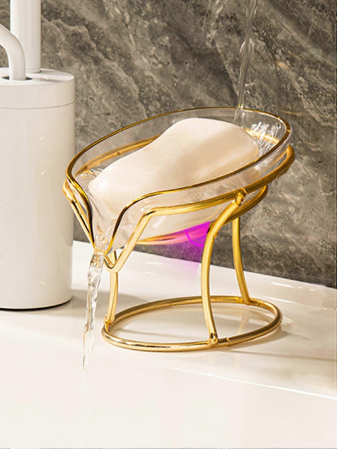 1pc porte-savon de style de luxe avec conception de lettre drainant l’eau en blanc transparent / rose / vert avec oreilles de lapin dorées et cadre en fer, adapté à la maison ba