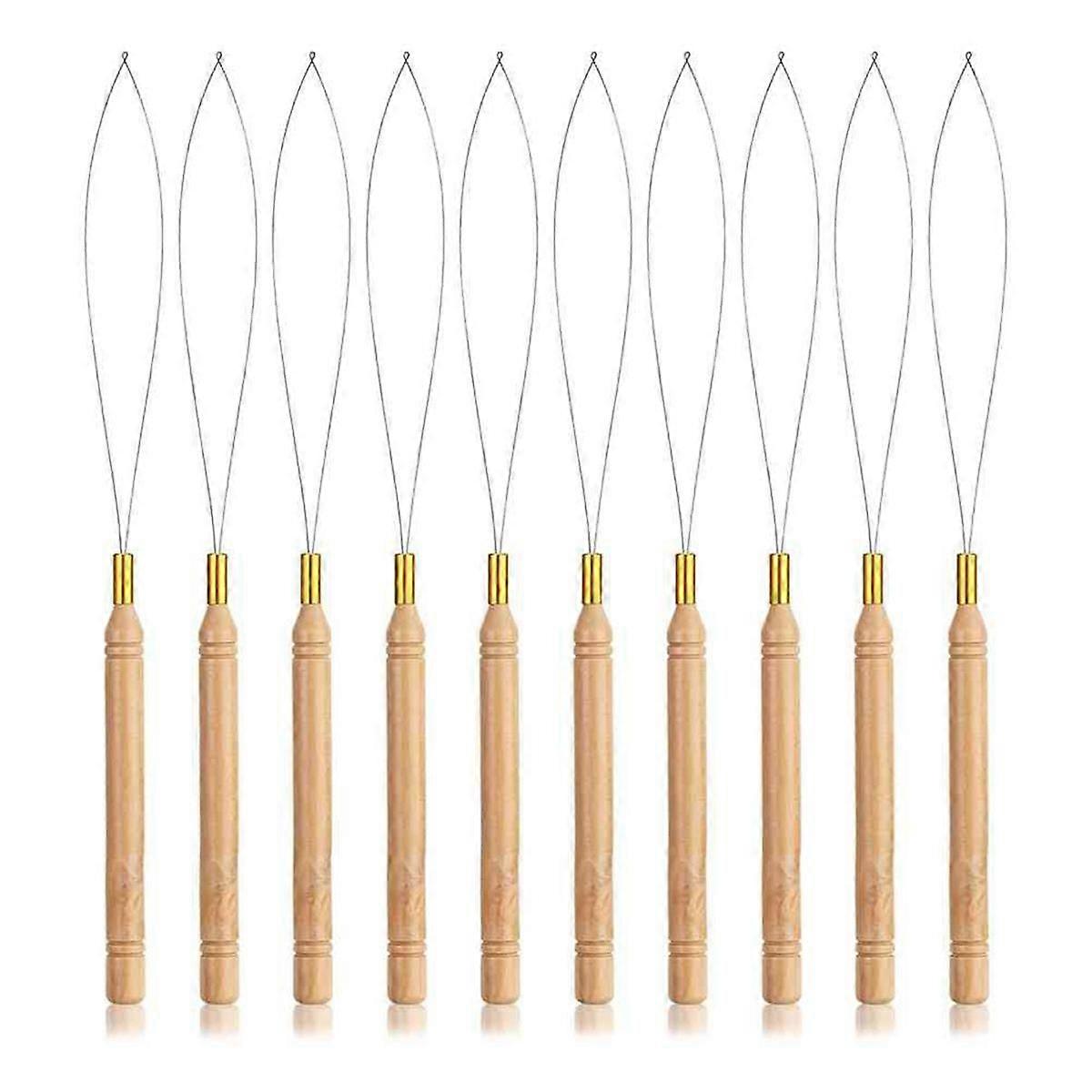 Hair Extensions Loop Needle Threader Pulling Hook, Needle Threaders with Wooden Handle Bead Threade
