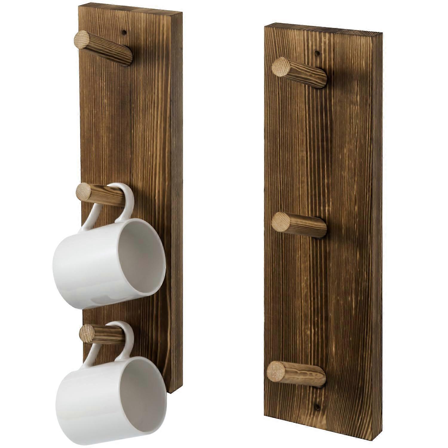 2 Set Rustic Burnt Wood Mug Rack Wall Mounted Storage Organizer
