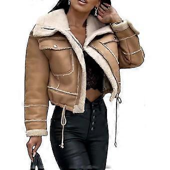 Women's Faux Leather Jacket Cropped Sherpa Fleece Winter Warm Shearling Coat Lapel Zip Up Outwear With Pockets
