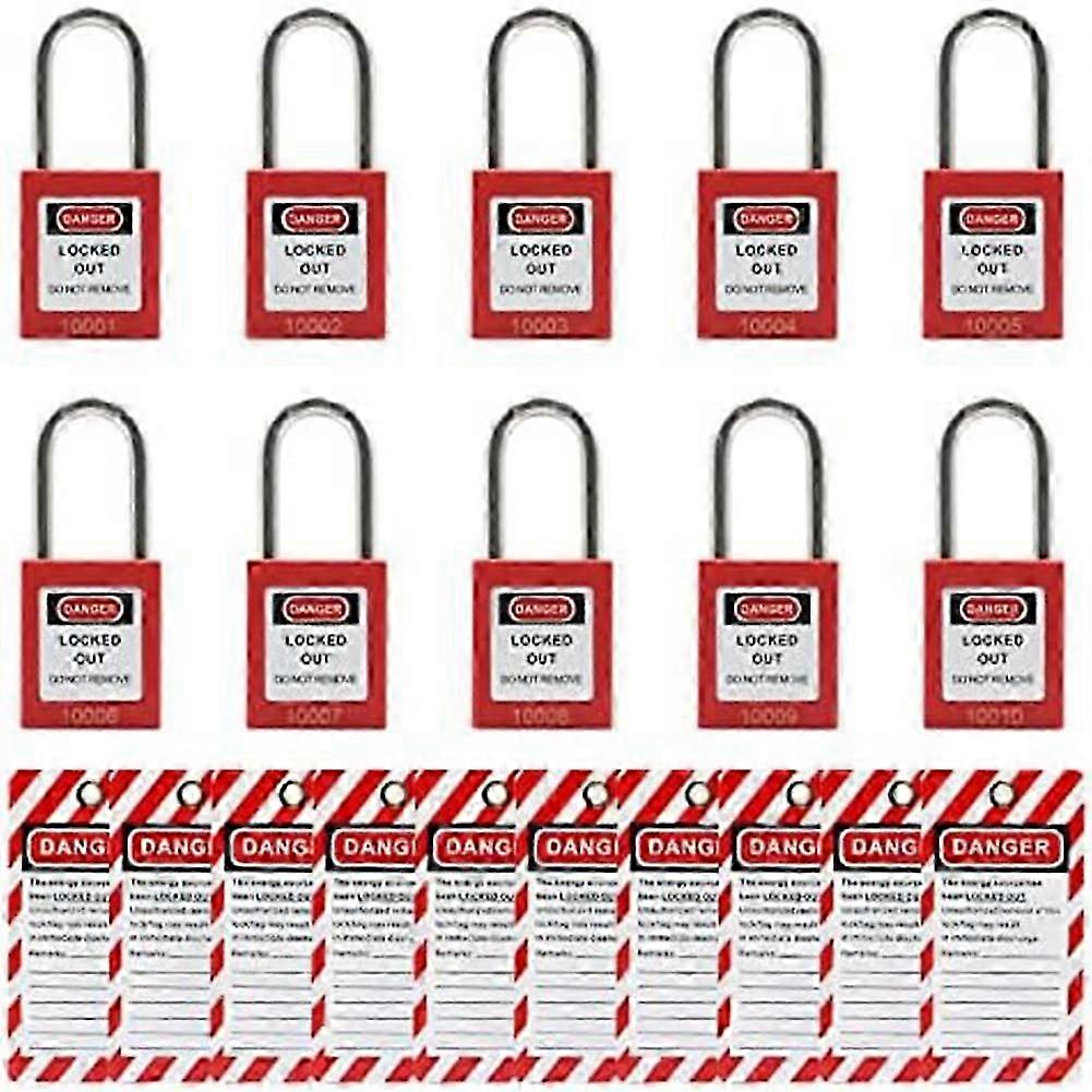 10 Red Lockout Tagout Locks with 10 Lock Out Tag Out Tags, Keyed Different,Compliant Safety Locks(Red,Keyed Different)