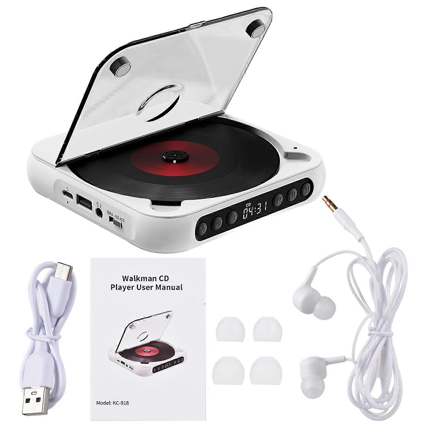 CD Player White BT USB CD Three Modes LED Display Rechargeable 1200mAh Portable CD Player with Earph