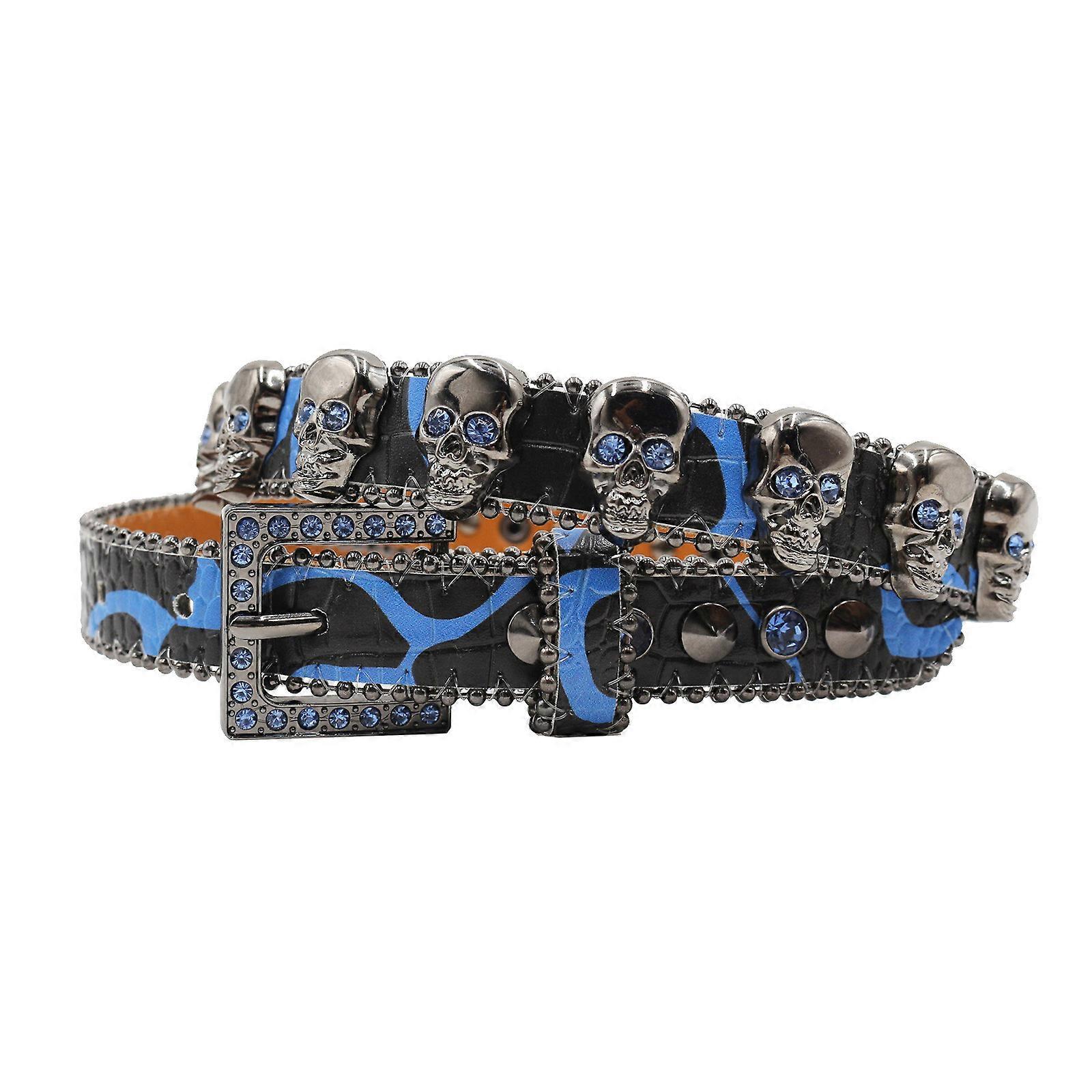 Shining Metal Skull Studded Belt for Women Men Punk Rivet Studded Belt for Jeans Pants Teenagers Everyday Use Waistbelt  Royal Blue S