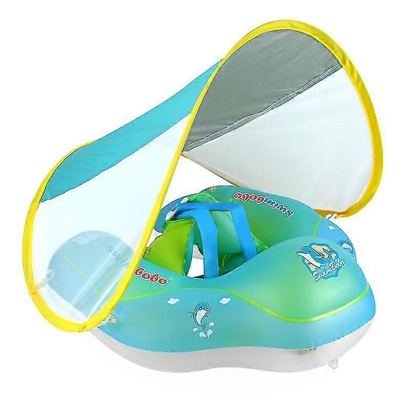 Baby Pool Float with UPF50+ Sun Protection Canopy, Add Tail Never Flip Inflatable Baby Float for Toddlers 3-48 Months (Blue) S