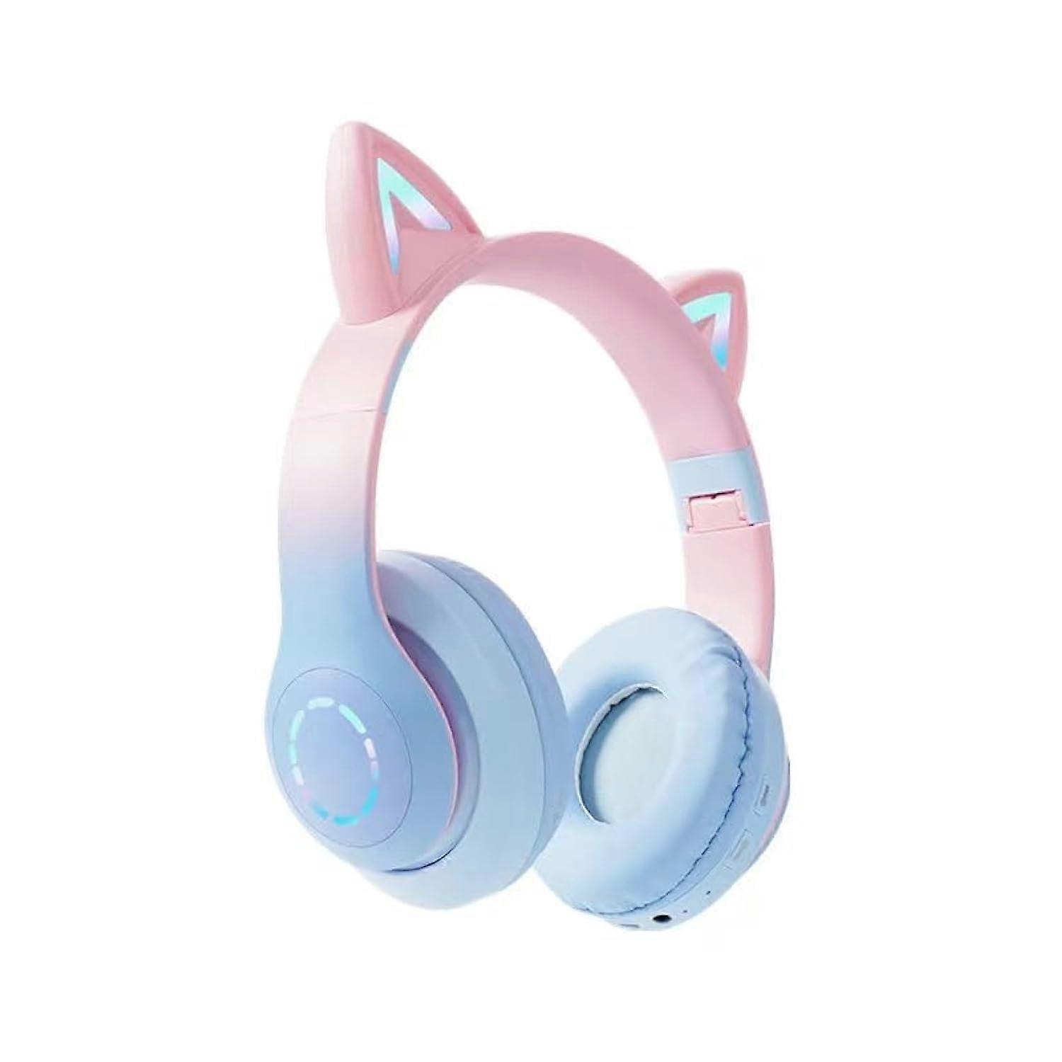 Headworn Cat Ear Glow Kids Wireless Bluetooth Headphones with Built-in Mic 's Gift Noise Cancelling Earphones (Blue)