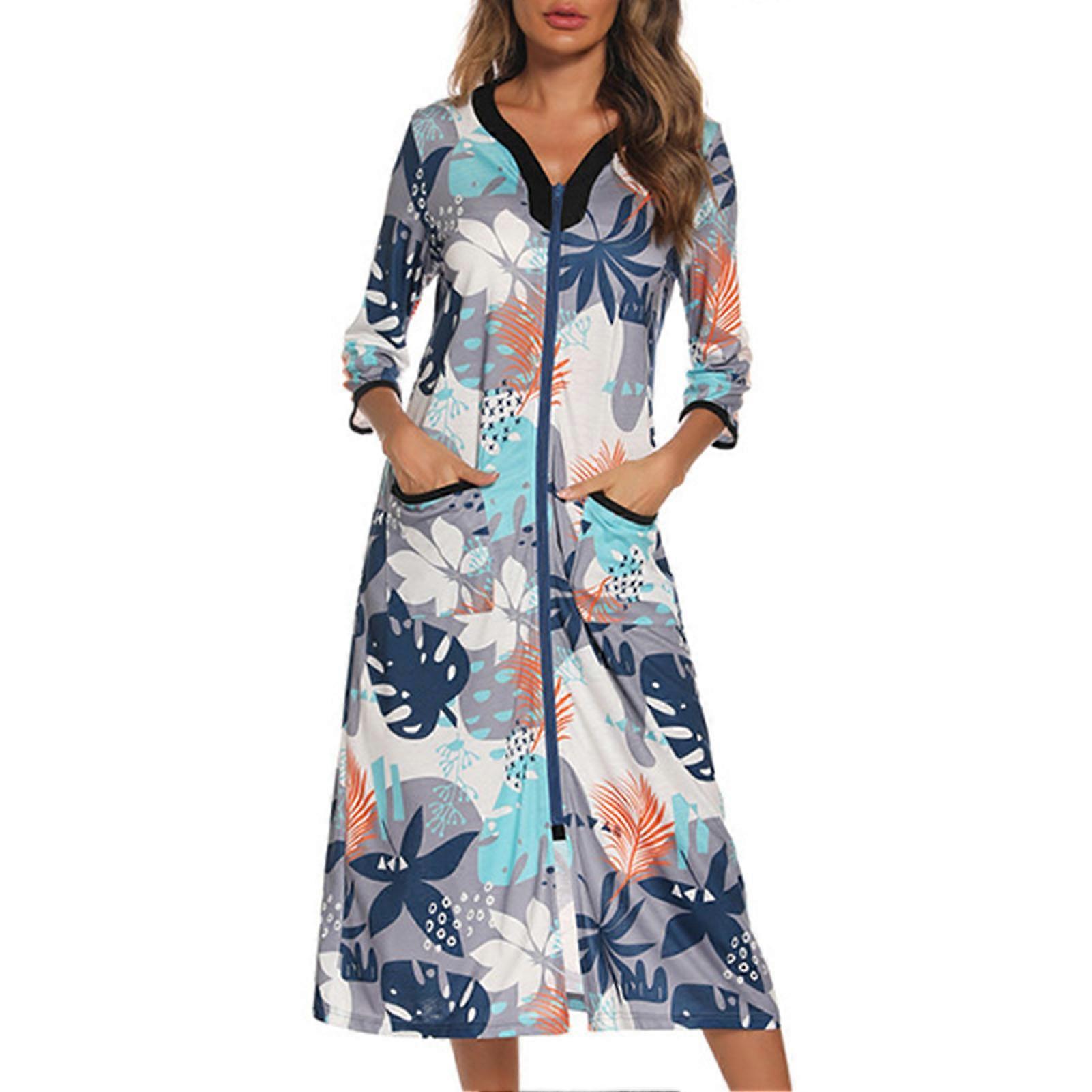 כותונת לילה רוכסן 3/4 שרוול לנשים שמלת לילה מודפסת רופפת עם כיס לשינה להירגע