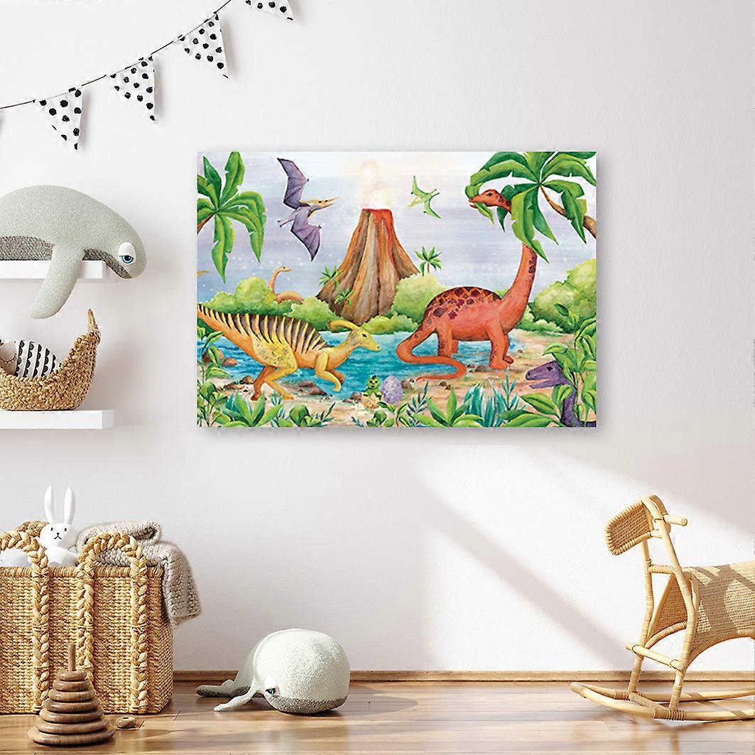 Lienzo, Dinosaurios junto al lago - 90x60