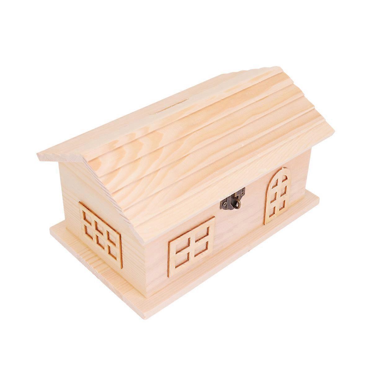 Wood Treasure Box Diy Toy Children Saving Container House Shape Storage Box 1Pc