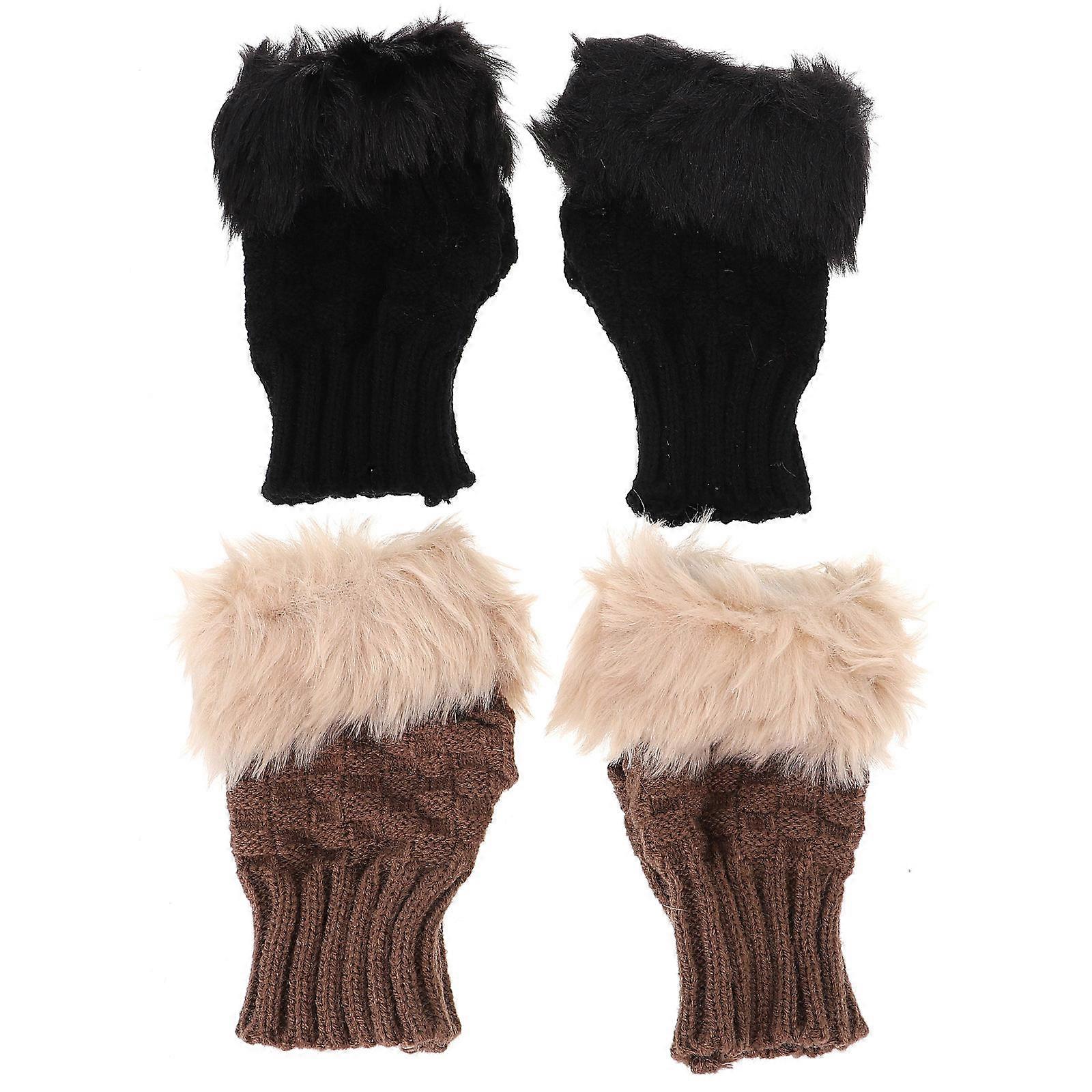 Fingerless Design Gloves Warm Wrist Protection for Women Winter Use 2 Pairs Black Faux