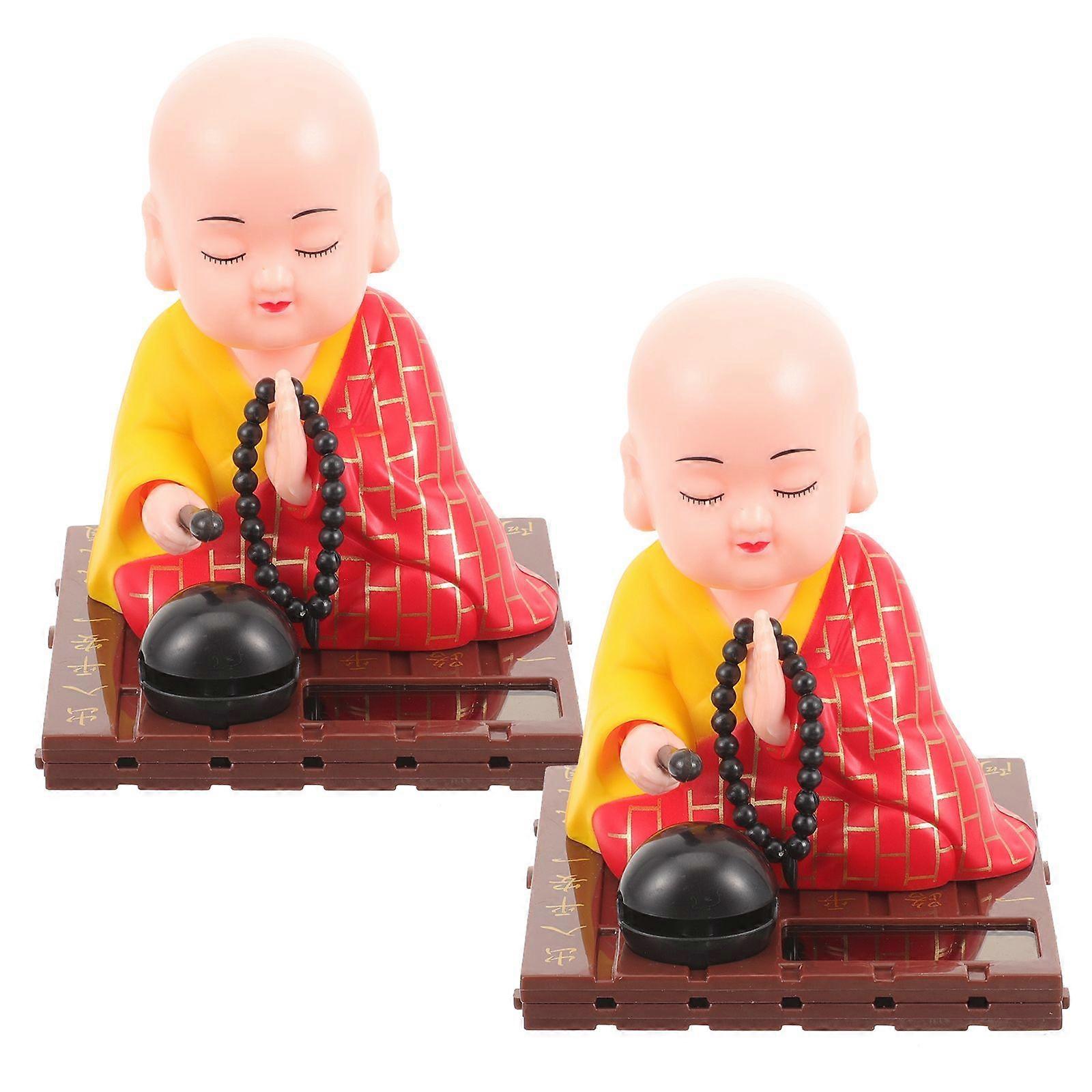 2pcs Solar Powered Shaking Head Monk Figurine Buddha Monk Statue Home Car Dashboard Decoration