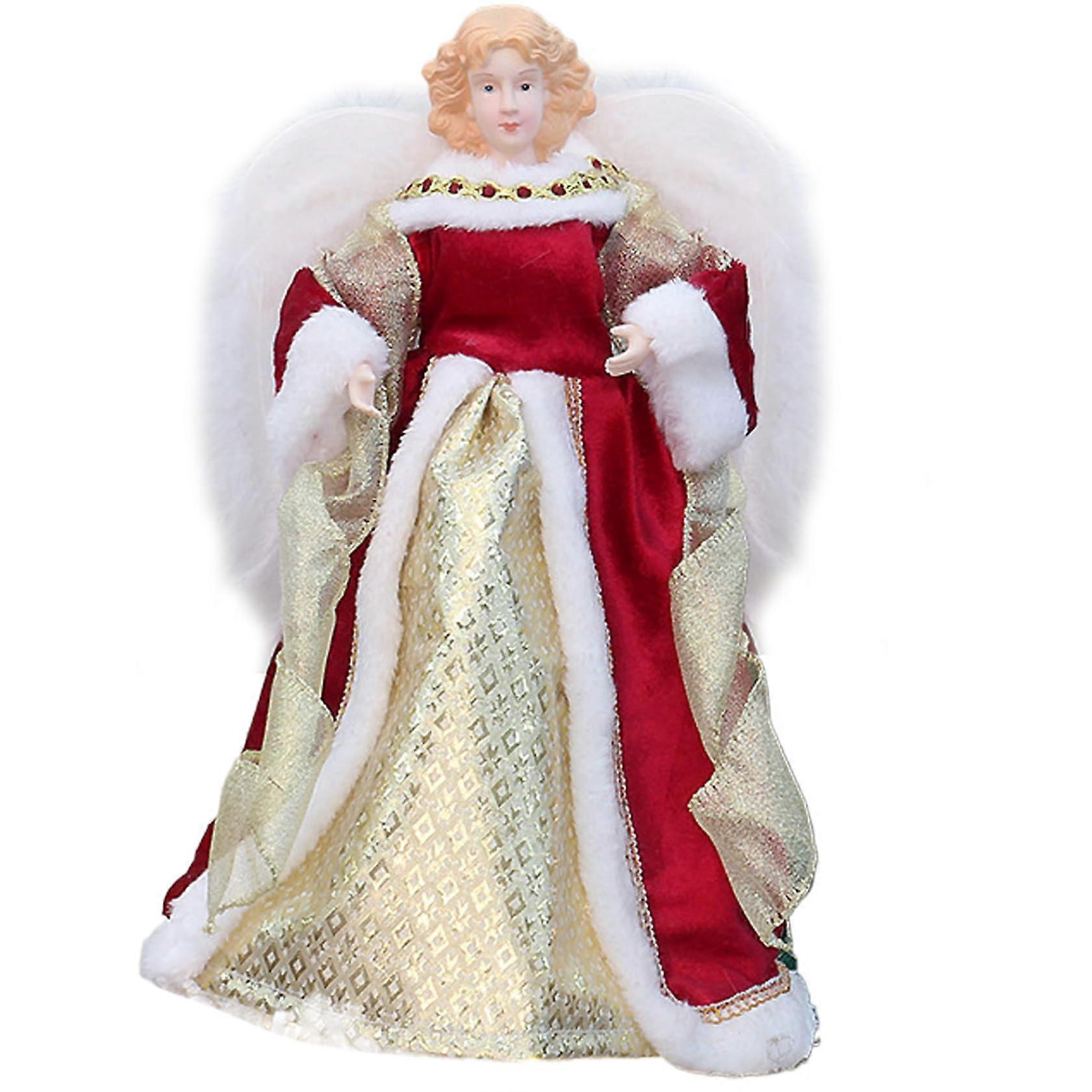 Christmas Tree Topper Red Christmas Angel With Plush Fluffy Wings 11.8 x 7 cm Plastic Cone Base For Decorations
