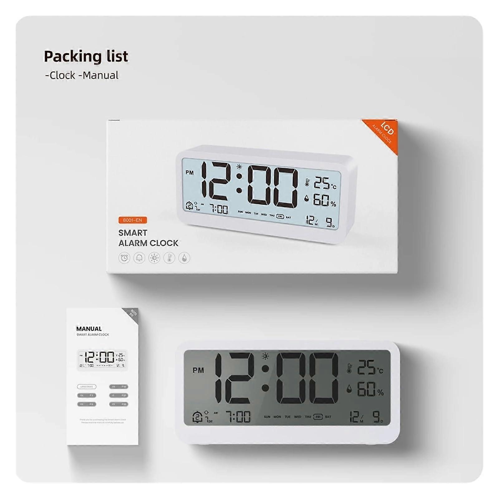 Smart Touch Alarm Clock with Hygrometer Thermometer, Week Display, Night Light Feature, White Desktop Decoration