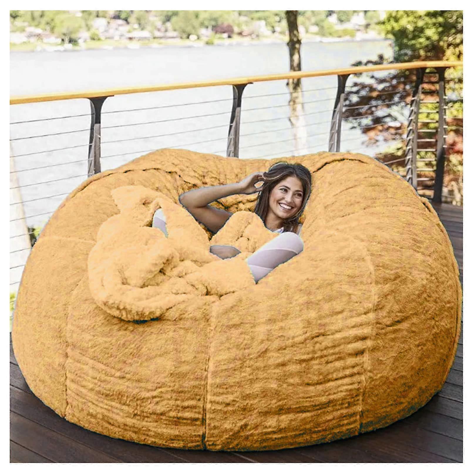 Soft, giant bean bag cover, huge, breathable, comfortable, lightweight, large, round, faux faux fur, yellow, 2.1m