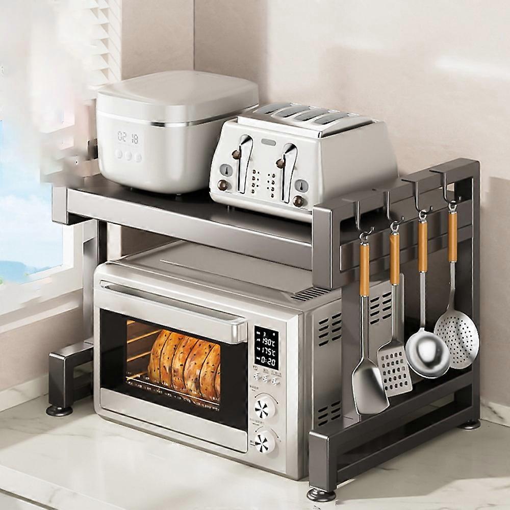 55cm Multifunctional Kitchen Microwave Oven Top Rack Carbon Steel Countertop Storage Shelf with 6 Hooks