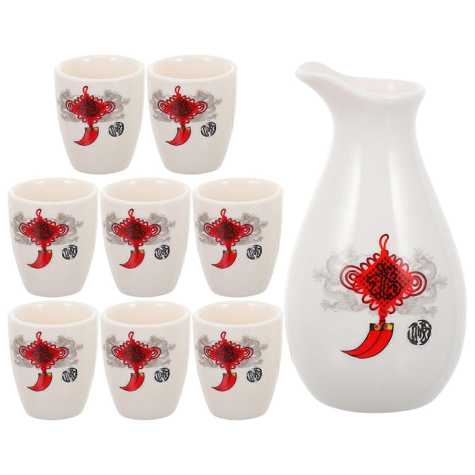 9 Piece Ceramic Sake Set with Pot and Cups, Printed and Dispenser for Gifting