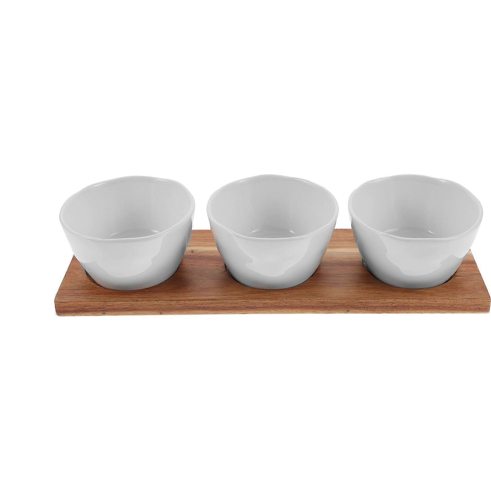 Ceramic Snack Dish with Wood Tray for Home Use White Color Sturdy and Design 1 Set
