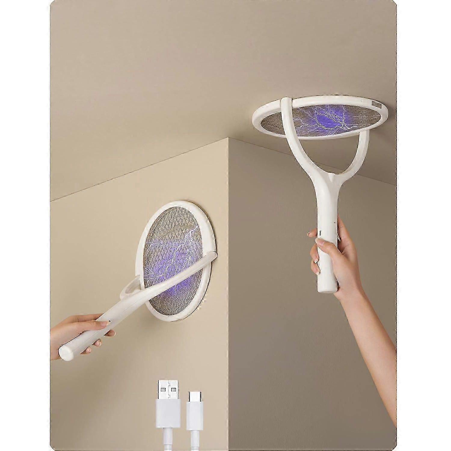 Rotating Head Rechargeable Electric Fly Swatter, Bug Zapper Racket with Telescopic Extension, Indoor Mosquito & Fruit Fly Trap, USB Rechargeable