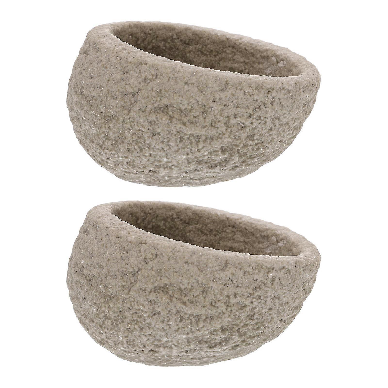 Reptile Feeder Round Stone Emulation Basin Daily Use Grey Resin for Non-Tipping 2Pack