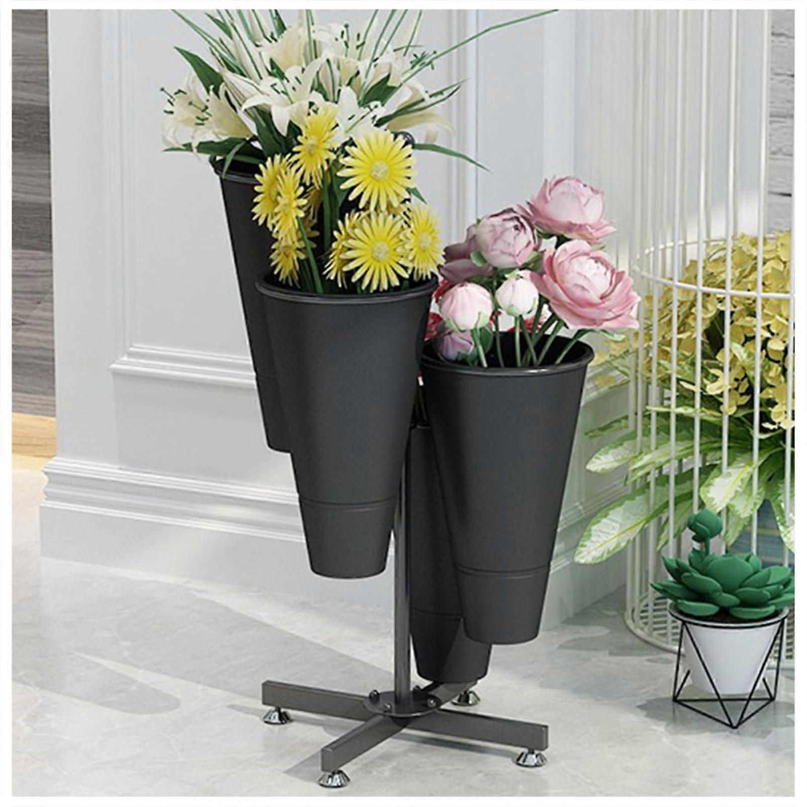 Flower Display Stand With 4 Buckets, Wrought Iron Florist Shelf, HeavyDuty Flower Rack For Fresh Flowers