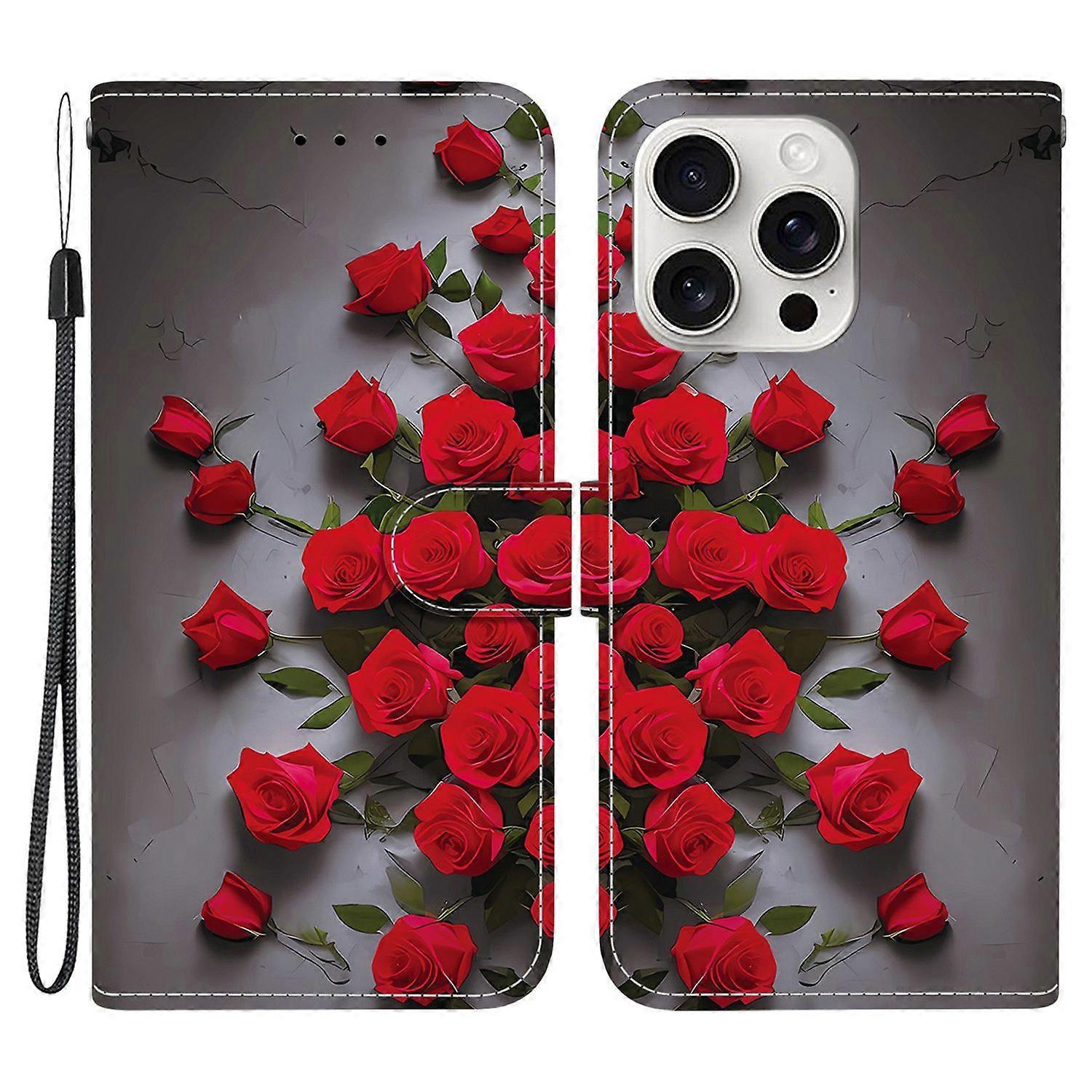 For iPhone 16 Pro Max Leather Case Stand Wallet Pattern Printing Phone Cover with Wrist Strap