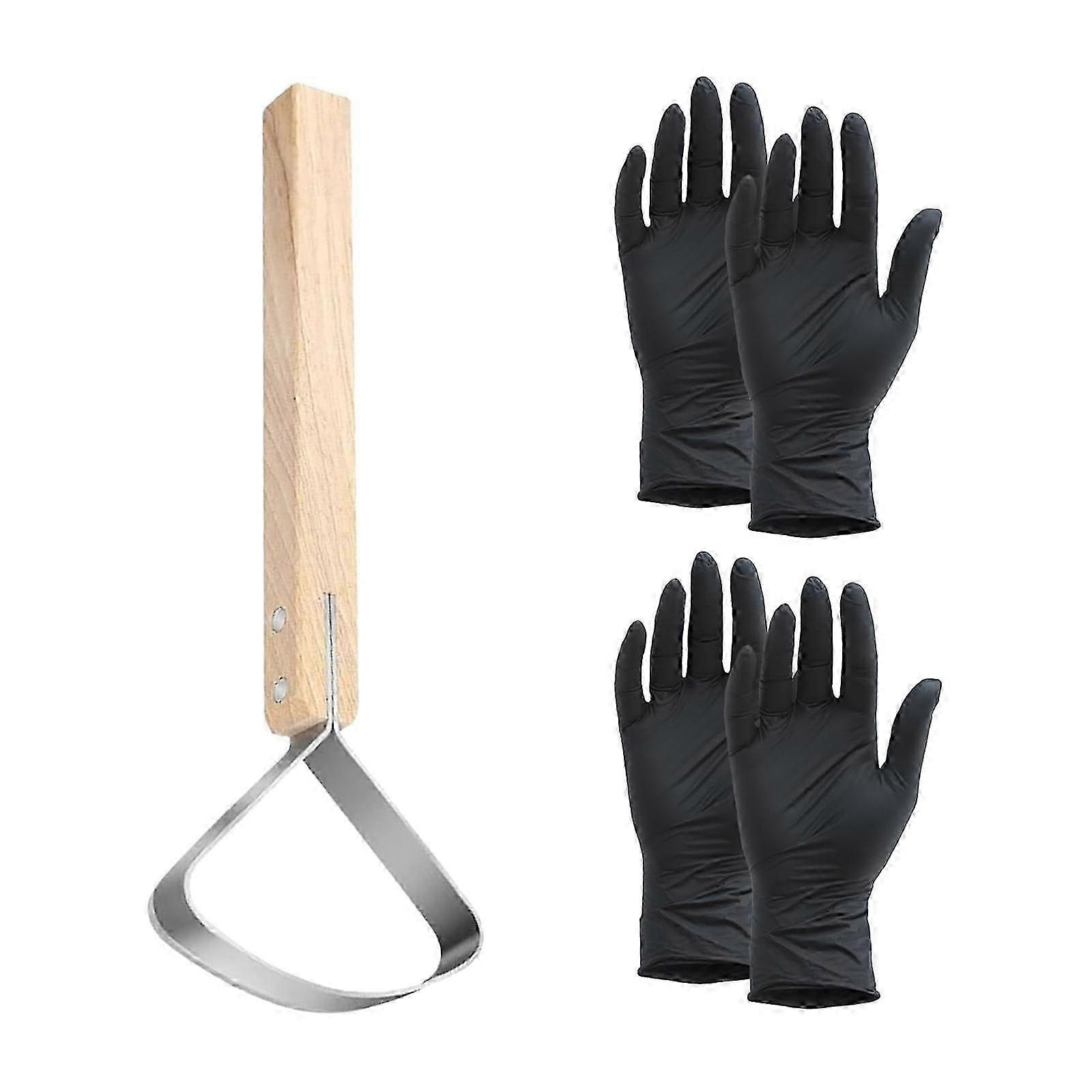 Leather Craft Scraper Fleshing Tool with Gloves Wood Handle Leather Fleshing Tool Leather Trimming Tool for Leather