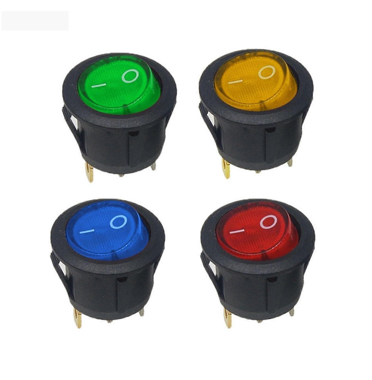 KCD1 Round 3Pin SPDT ON/OFF Rocker Power Switch 220V/12V with Light in Red Yellow Blue Green - AC 125V/10A 250V/6A - 4 Pack