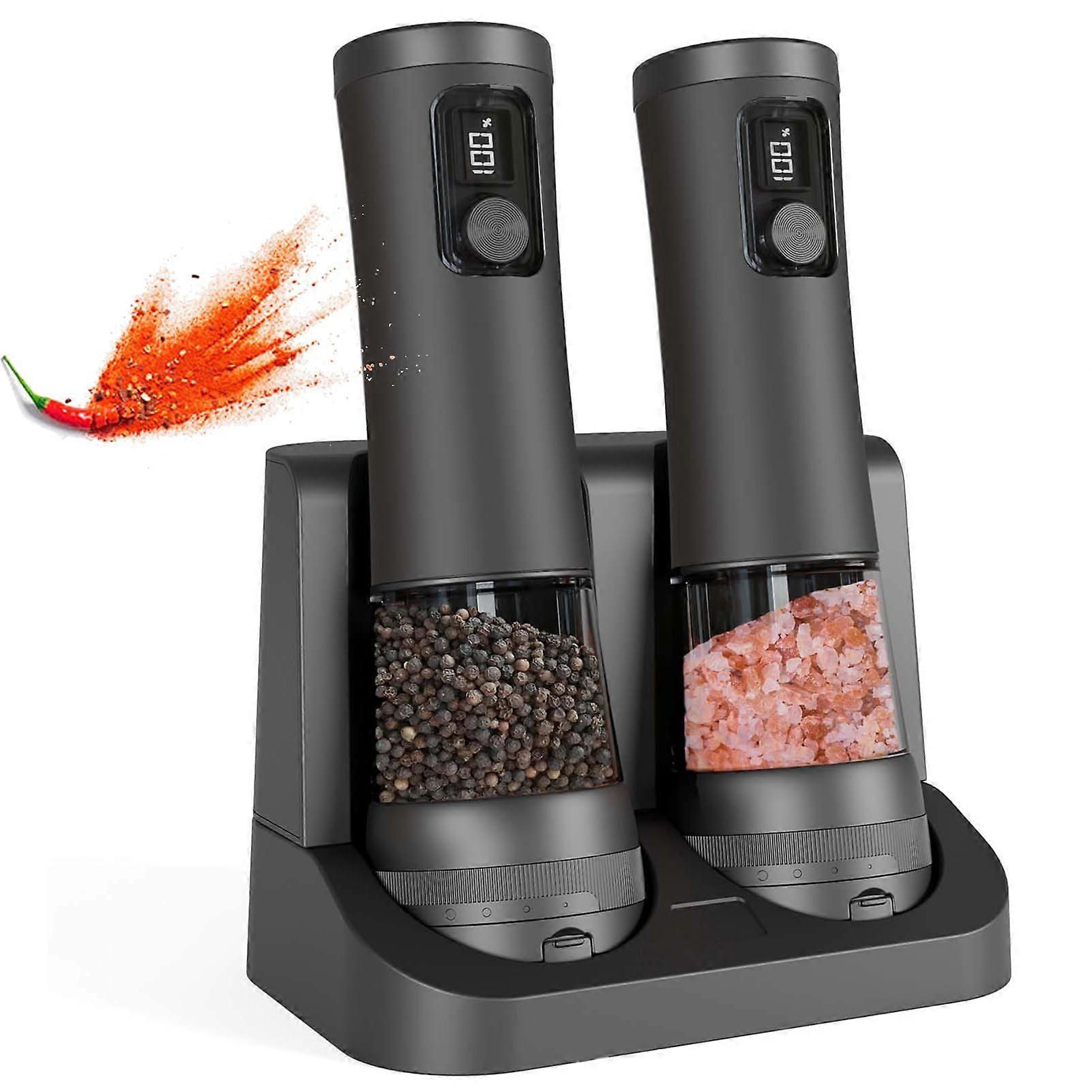 Electric Salt and Pepper Grinder Set 2Speed, Rechargeable Base With Battery Display, 100ml Capacity, 5Level Coarseness