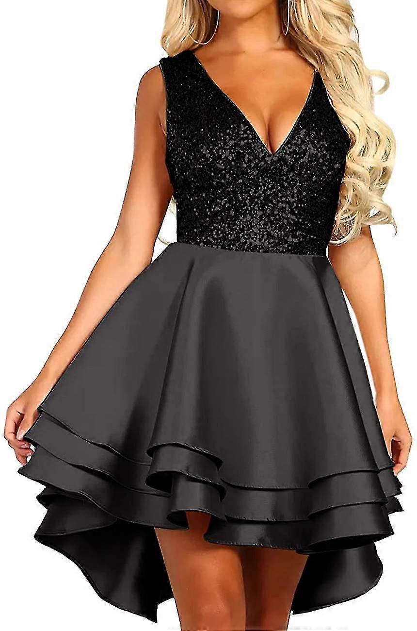 Women's Sequin Glitter V Neck Skater Mini Club Cocktail Party Dress