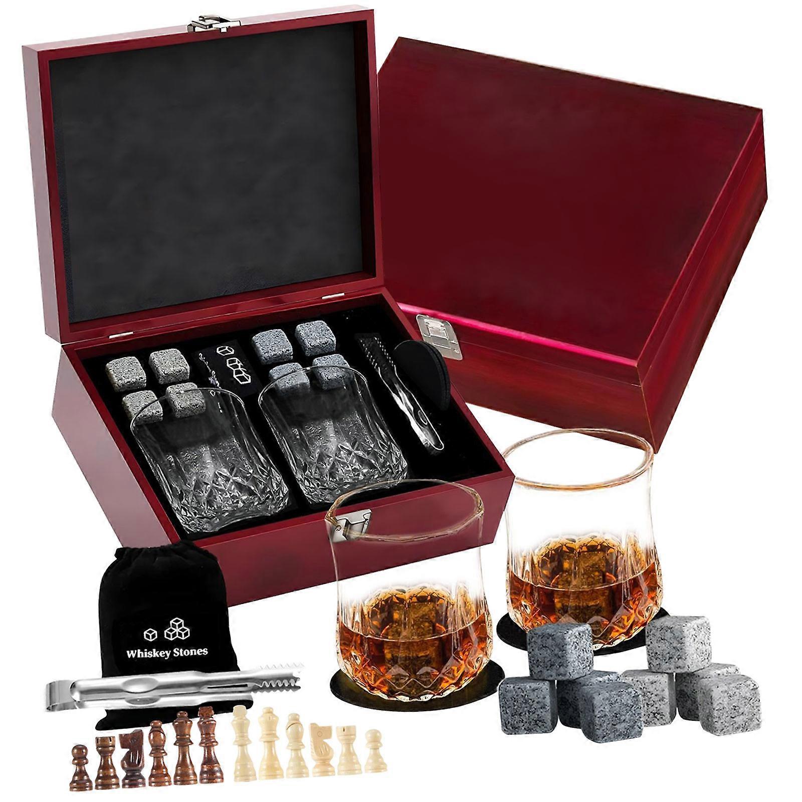 Premium Whiskeys Accessories Set With Double Glasses Frosted Ice Rock And Chess Style Presentation Case  Red