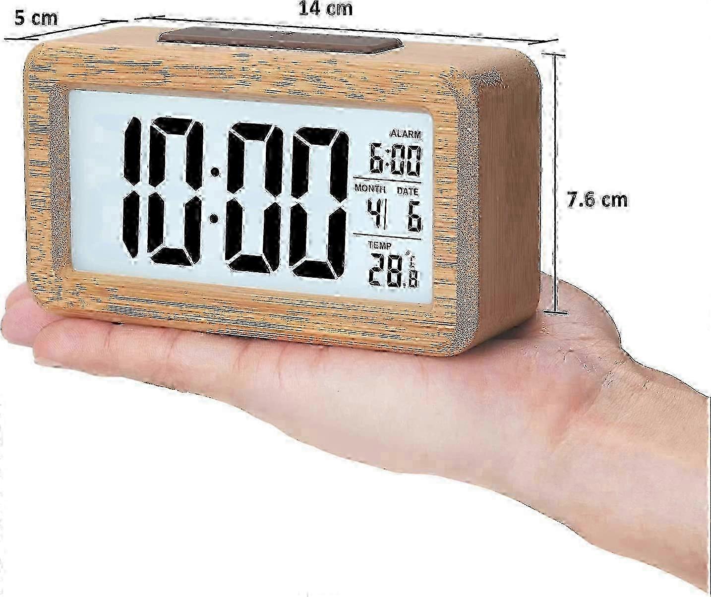 Wooden Digital Alarm Clock,LED Display Wood Grain Alarm Clock,Smart Sensor Night Light