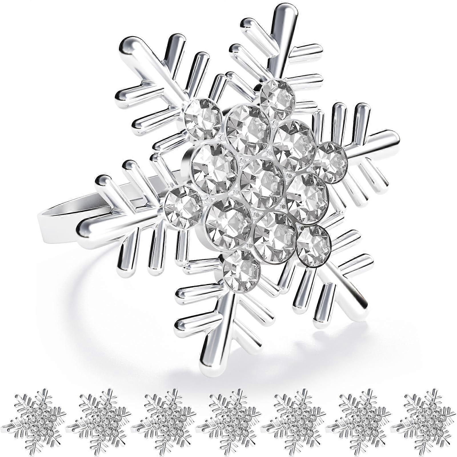 Christmas Silver Snowflake Napkin Rings Set of 8 with Sparkling Rhinestones for Holiday Table Decor