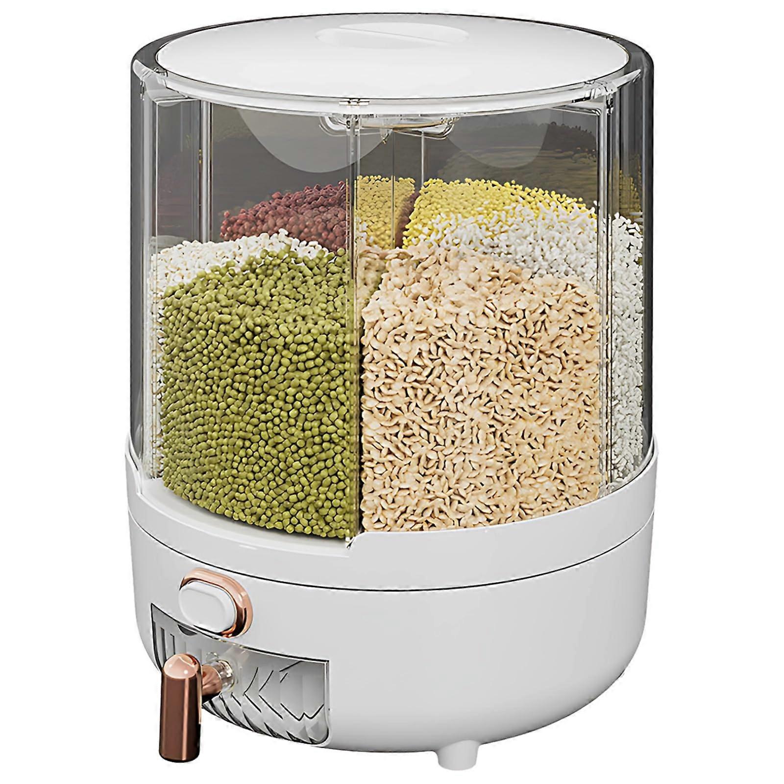 Large Dry Food Dispenser with 6 Compartments, 360 Rotating Grain Storage Bin and Measuring Cup