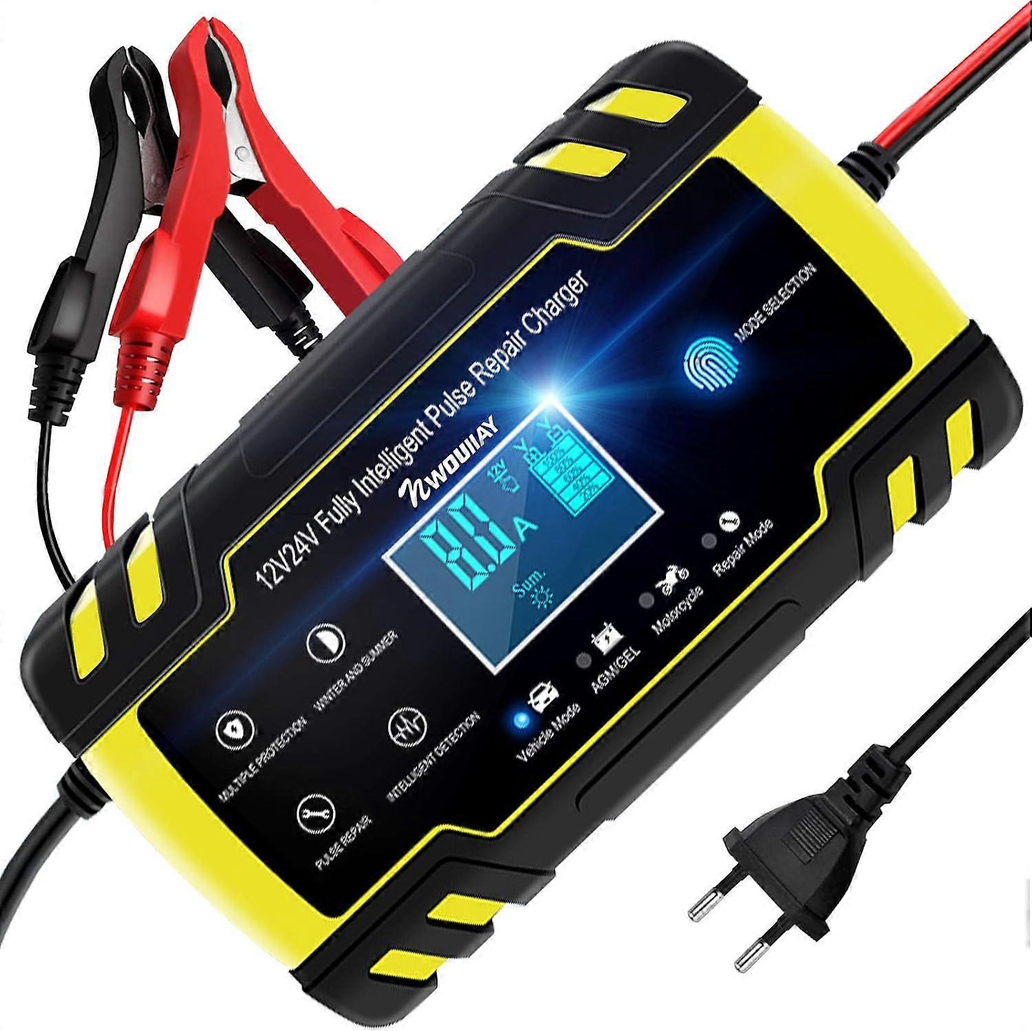 Automatic Smart Battery Charger Car 12V/24V | Pulse Repair Charger with LCD Display | Intelligent Mode Overvoltage Protection Temperature Monitoring f