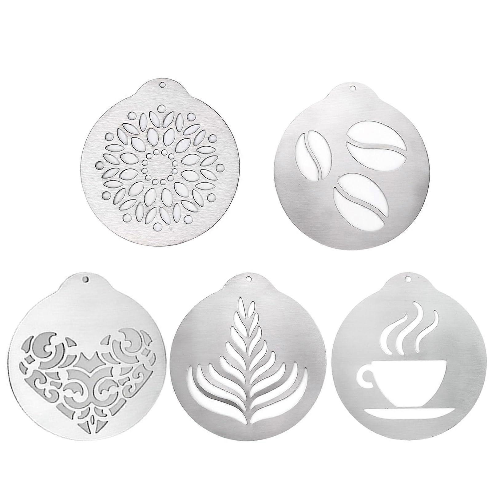 5Piece Stainless Steel Coffee Stencil Set with Five Pattern Latte Art Templates for Cappuccino