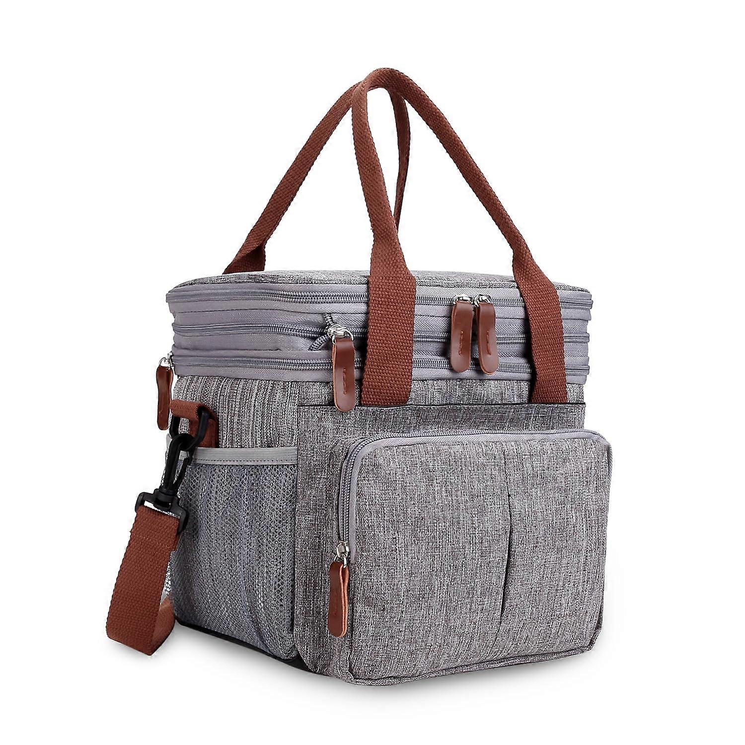 Insulated Lunch Bag Large Expandable Double Deck Leakproof Cooler Tote with Multi Pockets Gray