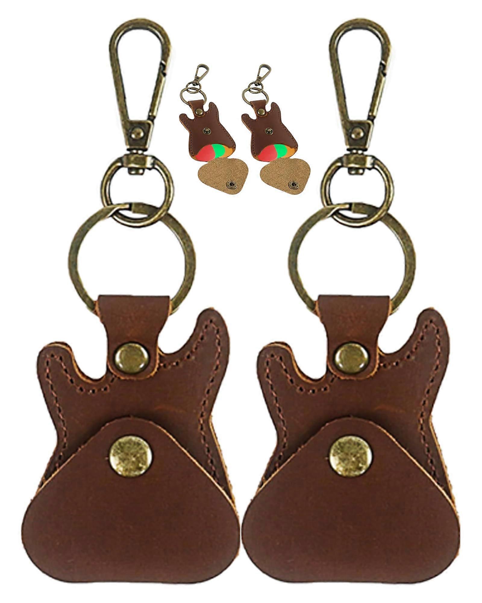 2PCS Leather Guitar Pick Holder Keychain Case with Snap Hook, Compact Guitar Shape Gift Set