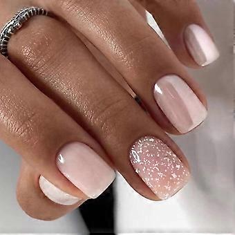 24 Pcs Spring Pink Ombre Press On Nails Short Square Glitter Fake Nails Set with Glossy Finish