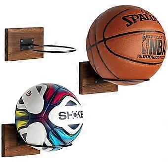 Wall-Mounted Ball Holder, Wooden and Metal Wall-Mounted Ball Rack, Basketball, Football, Volleyball, Rugby Ball Holder, Rustic Brown