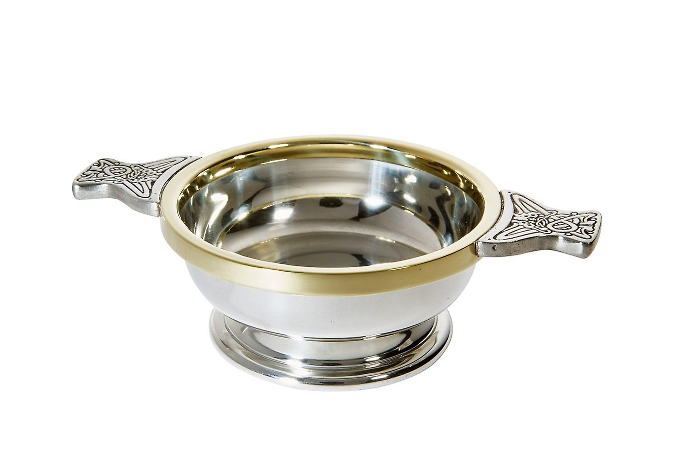 Celtic Medium Pewter Quaich with Brass Rim
